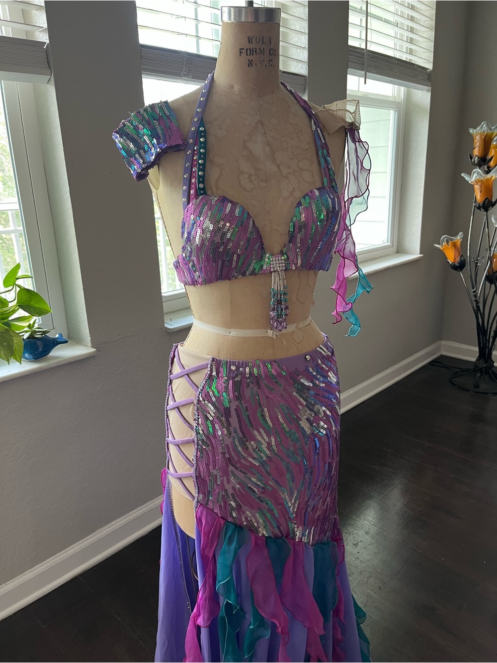 Petite bellydance costume pastel unicorn mermaid sequin chiffon y2k vibes